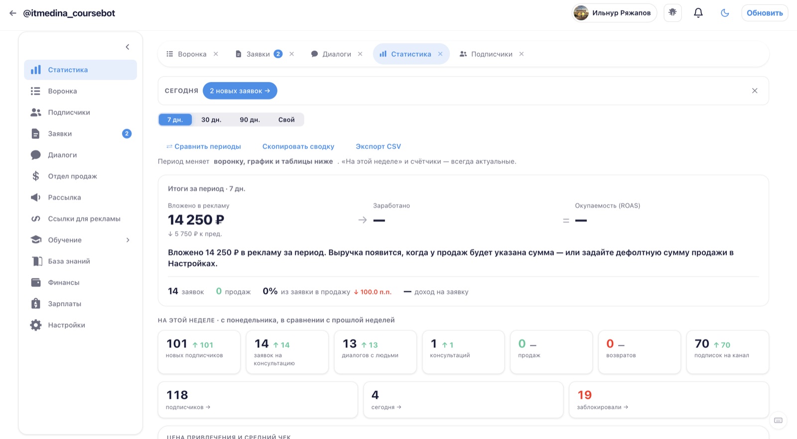 Светлая тема EasyBot: статистика, заявки, продажи и подписчики